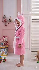 Pembe Renk Tavşanlı Kulaklı Çocuk Bornozu