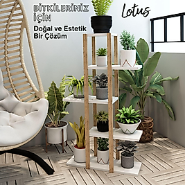 Lotus 5 Katlı Ahşap Çiçeklik, Saksılık, Saksı Standı / Dekoratif Raf / Çok Amaçlı Kullanım (Beyaz)