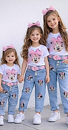 Minnie Mouse Nakışlı Kemerli Kot Takımı - Tül Detaylı ve Beyaz Tişört