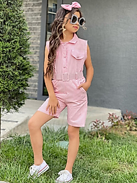 Pembe Renk Kemerli Toka Hediyeli Kısa Tulum Kombin